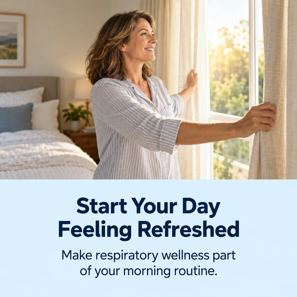 Woman opening curtains to fresh air in the morning