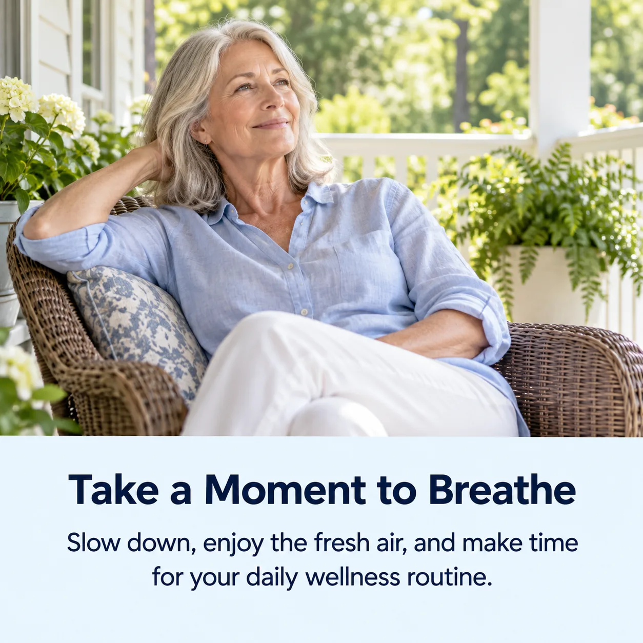 Woman relaxing on a porch and breathing slowly