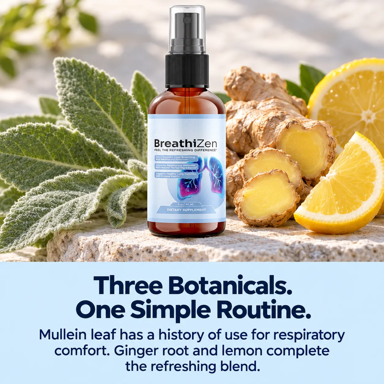 BreathiZen bottle beside fresh mullein, ginger root and lemon
